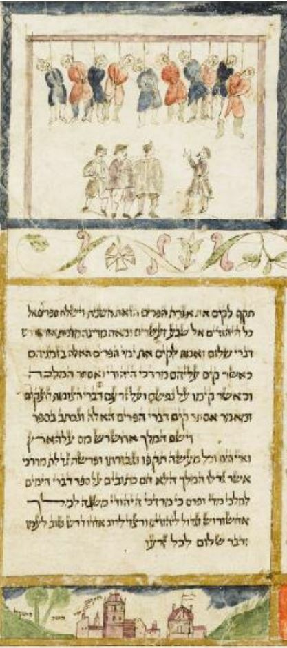 Colophon from the Pescarol Megillah, showing the hanging of Haman's sons.