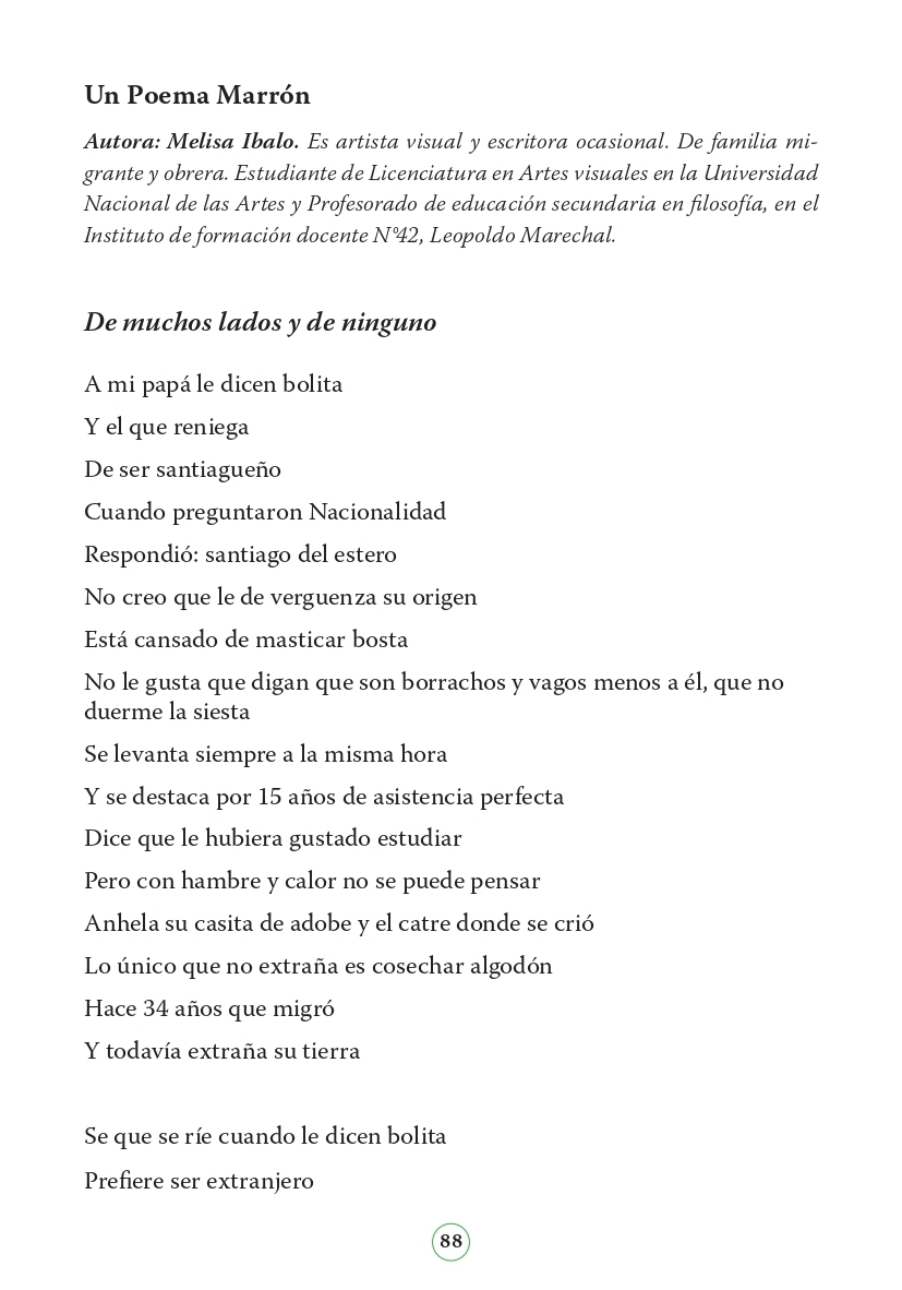 Page 88 of the book 'Marrones Escriben' by Identidad Marron.