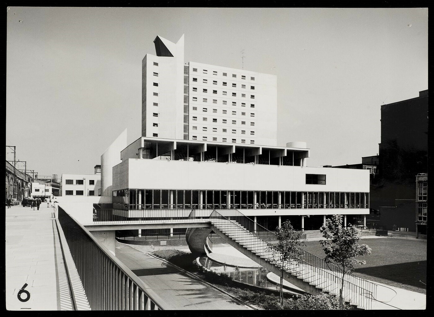 View of the Barnes Wallace building from an elevated area, with the Worthington staircase in the foreground.