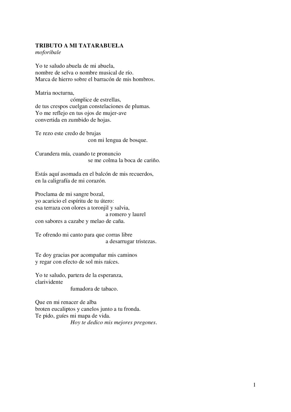 Spanish text of the poem TRIBUTO A MI TATARABUELA