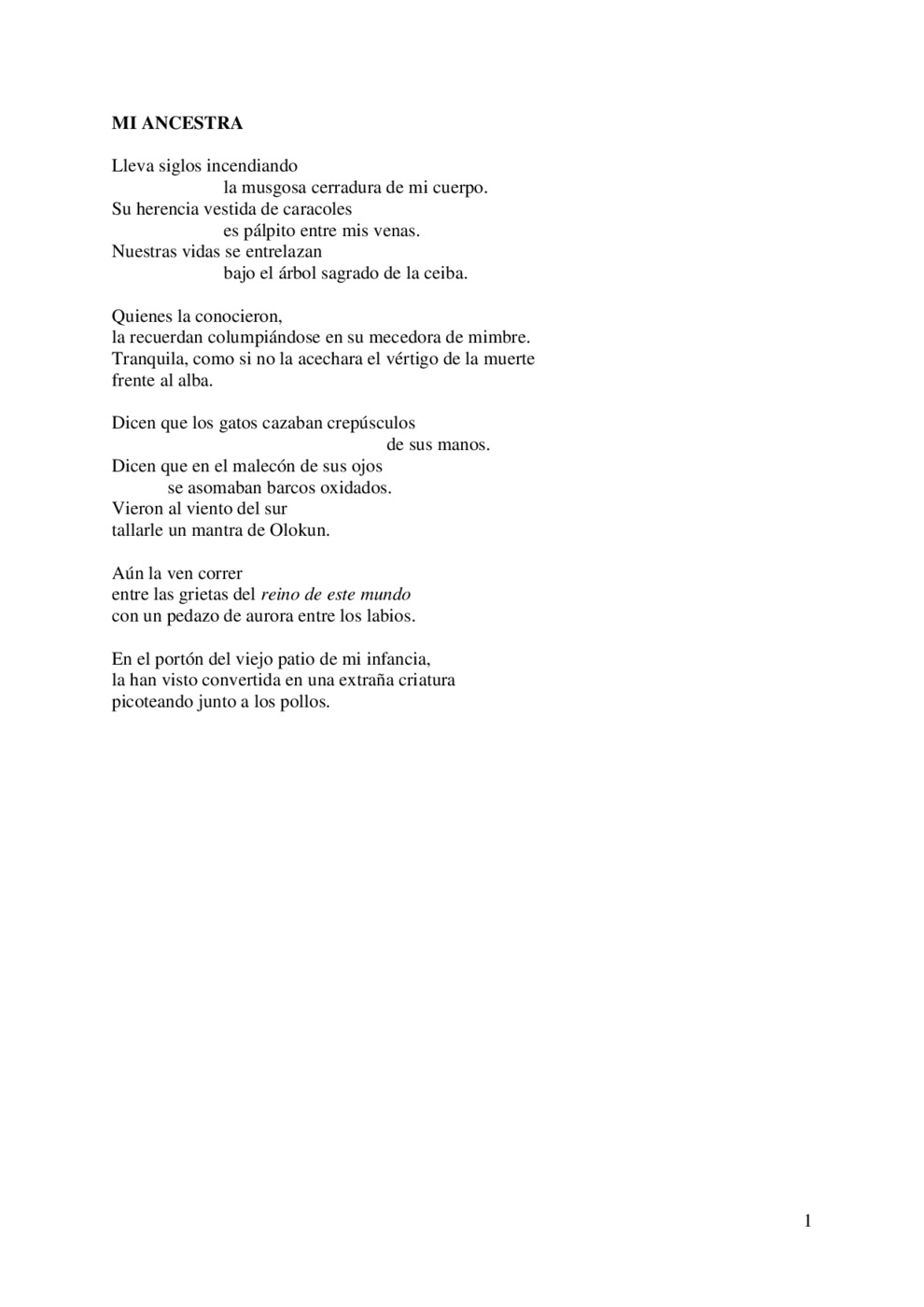 Spanish text of the poem MI ANCESTRA