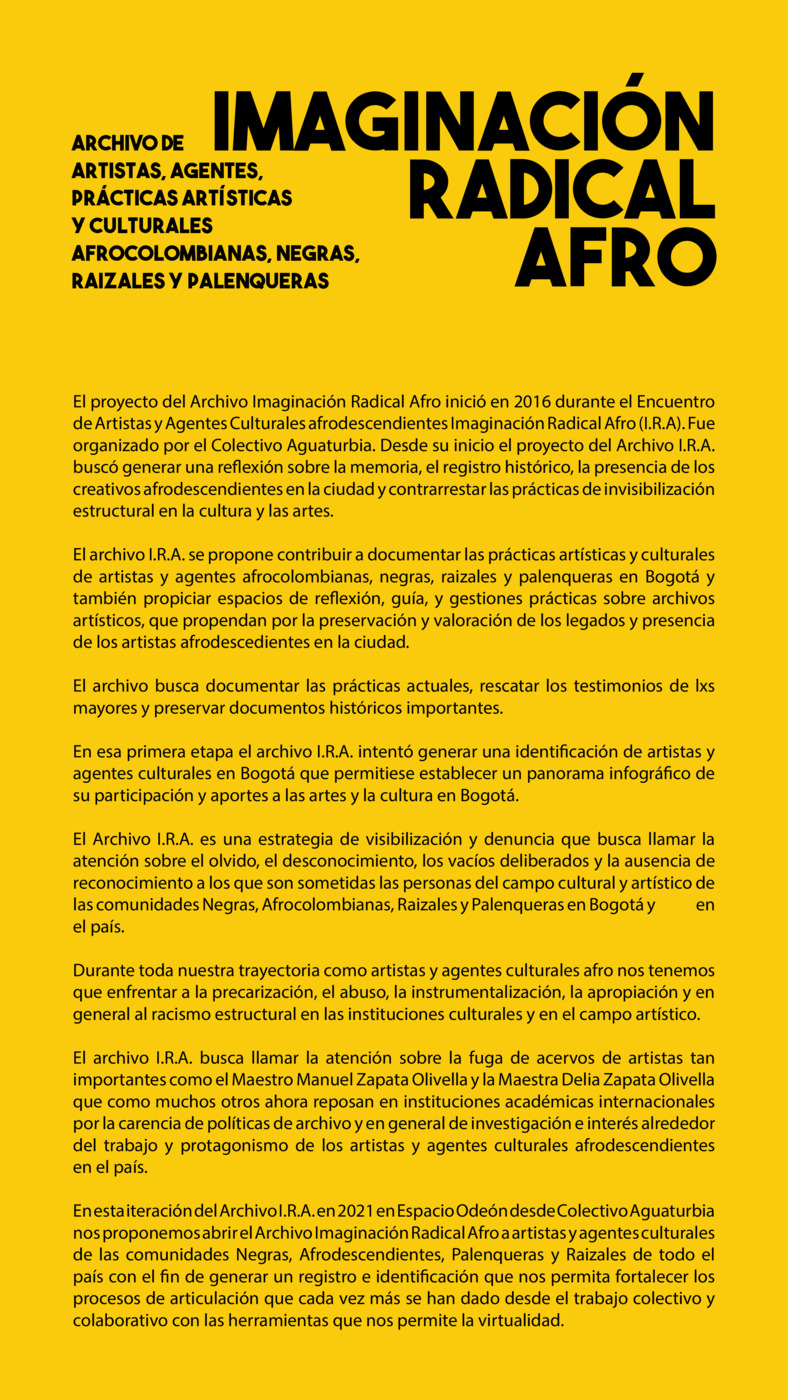 Spanish language PDF explaining the project to create an archive of Afro-Colombian artists and cultural creators.