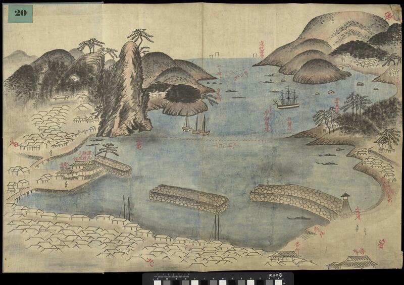 Heavily pictorial manuscript map of Tsushima Island, in Japanese.