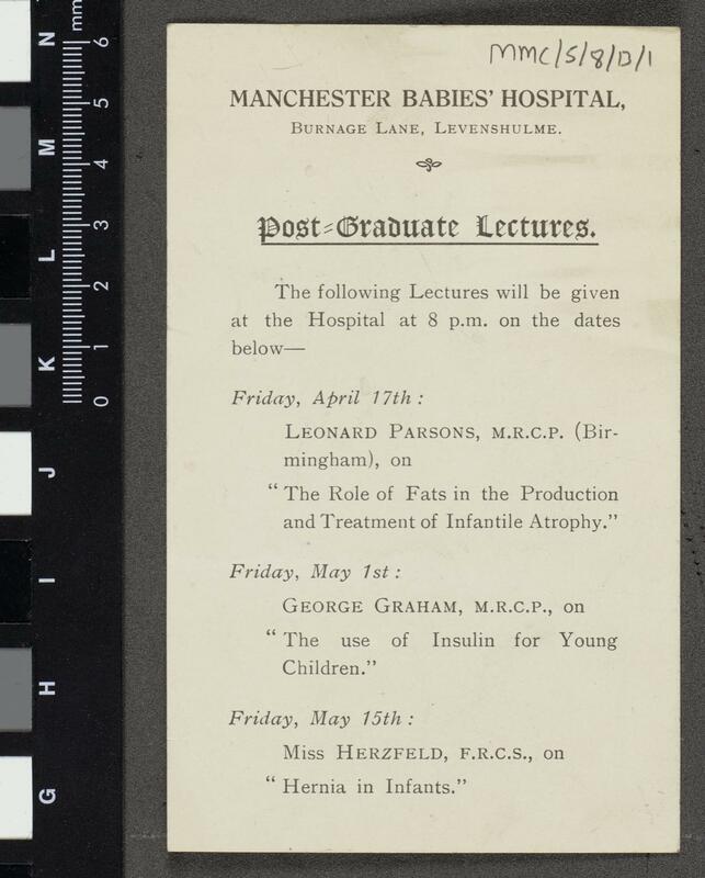 Notices for post-graduate lectures and demonstrations at Manchester Babies Hospital.