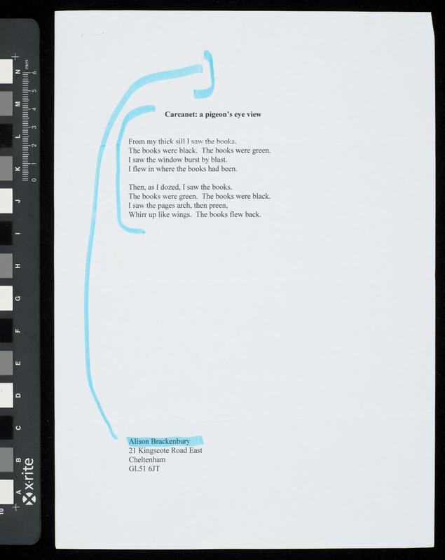 Typescript version of Alison Brackenbury's poem "Carcanet: a pigeon's eye view", with annotations in blue marker pen.