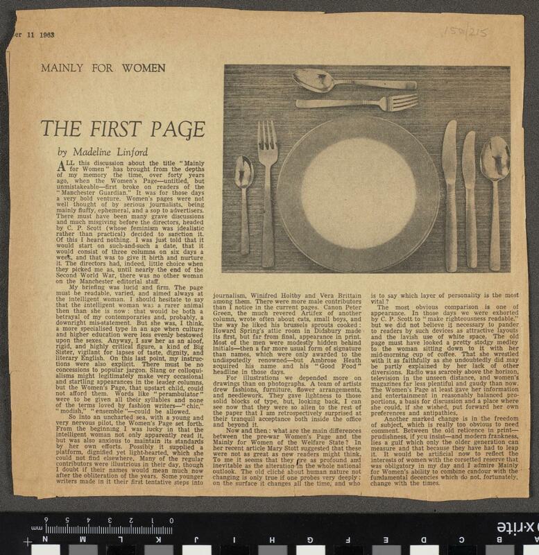 Newspaper cutting of page from the Manchester Guardian, charting the inception and history of a women's page in the Guardian from the writer's personal experience.