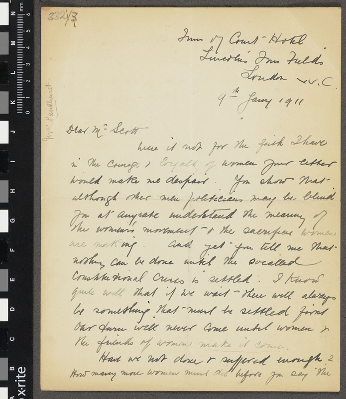 Handwritten, single sheet letter from Emmeline Pankhurst to Charles Prestwich Scott