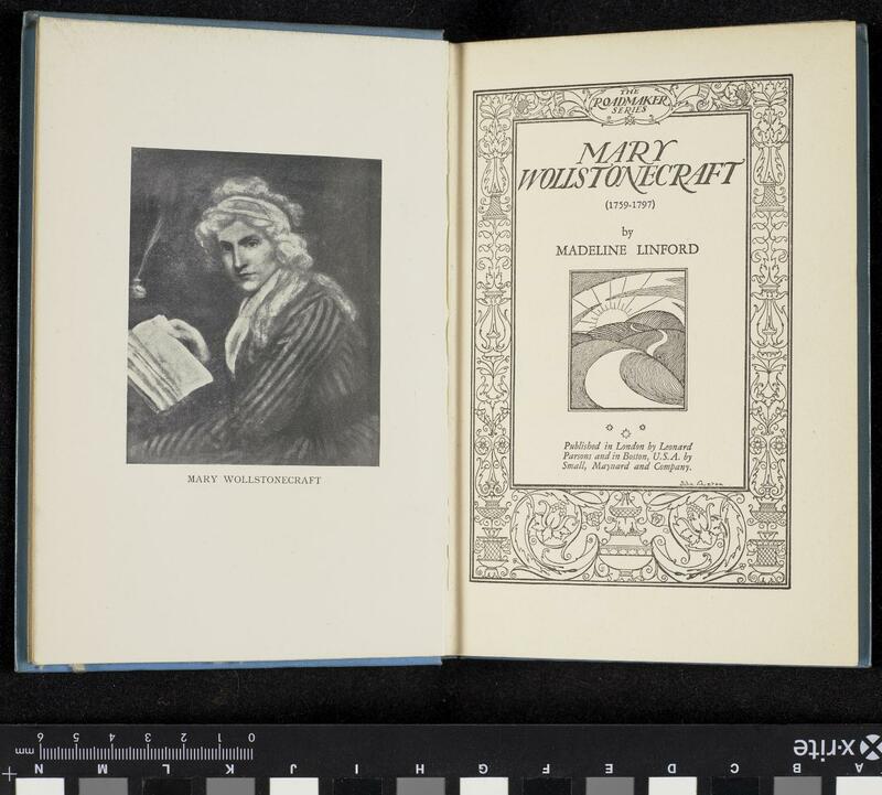 Opening showing title page and frontispiece. The frontispiece is a black and white portrait of Mary Wollstonecraft, seated with a book.