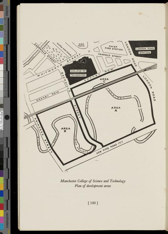 Plan showing the site of the UMIST campus, showing roads, railways, rivers and local landmarks.