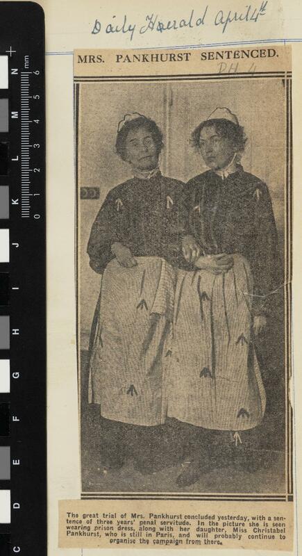 Cutting of Emmeline and Christabel Pankhurst in prison uniform. Headline reads 'Mrs. Pankurst sentenced' and description reads 'The great trial of Mrs. Pankhurst concluded yesterday, with a sentence of three years' penal servitude. In the picture she is seen wearing prison dress along with her daughter, Miss Christabel Pankhurst. 