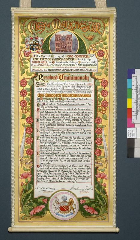 Scroll: Which bears the Freedom of the City of Manchester. At the top are paintings of the John Rylands Library and the Rylands crest.