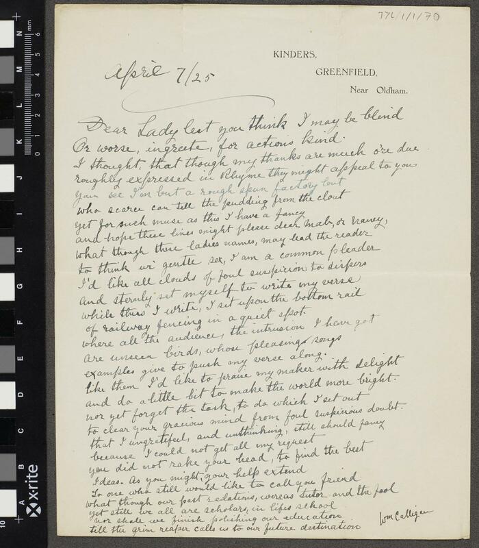 Letter from William Calligan, a Worker's Educational Association student, to Tylecote. On headed paper, Kinders, Greendield, Near Oldham".