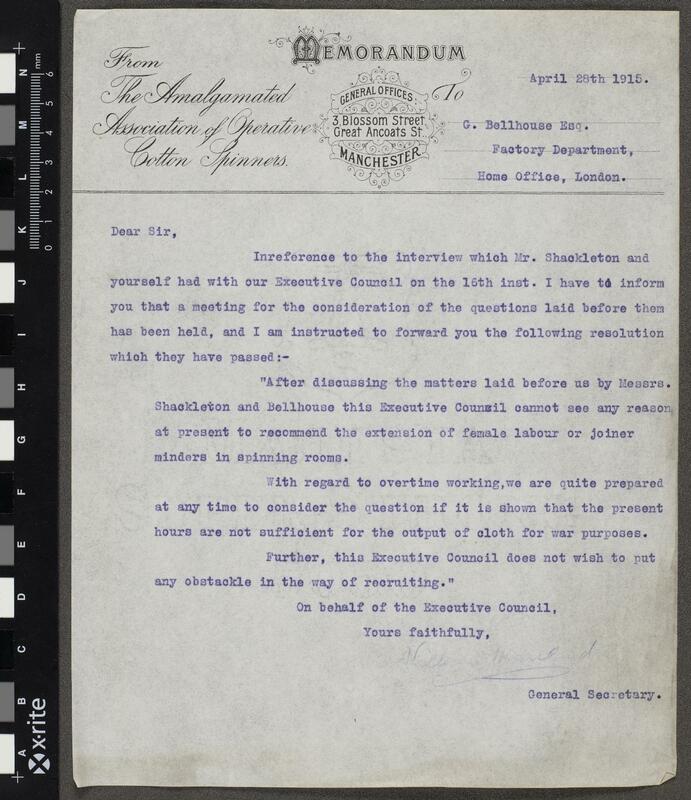 Typewritten memorandum from William Marsland, General Secretary of The Amalgamated Association of Operative Cotton Spinners Manchester, to Gerald Bellhouse at the Factory Department of the Home Office London.