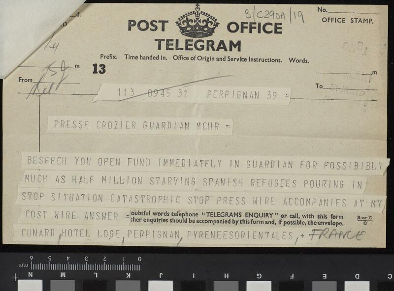 Post office telegram on the possibility of a new Manchester Guardian fund for Spanish refugees in southern France.