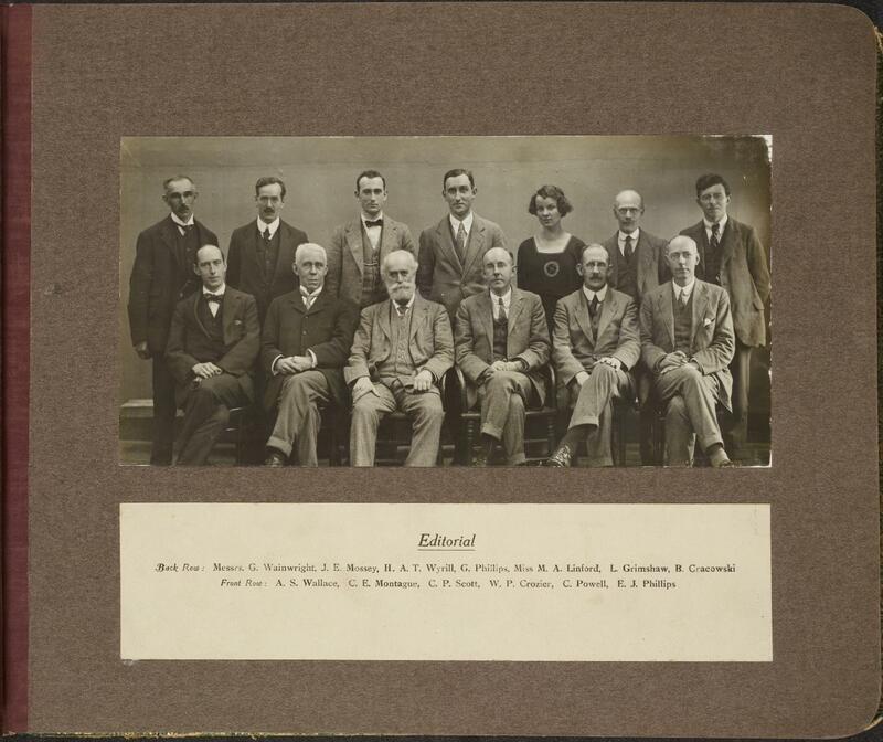 Photograph of the Manchester Guardian's editorial staff sat in two rows; Linford is the only woman, and is third from right on the back row.