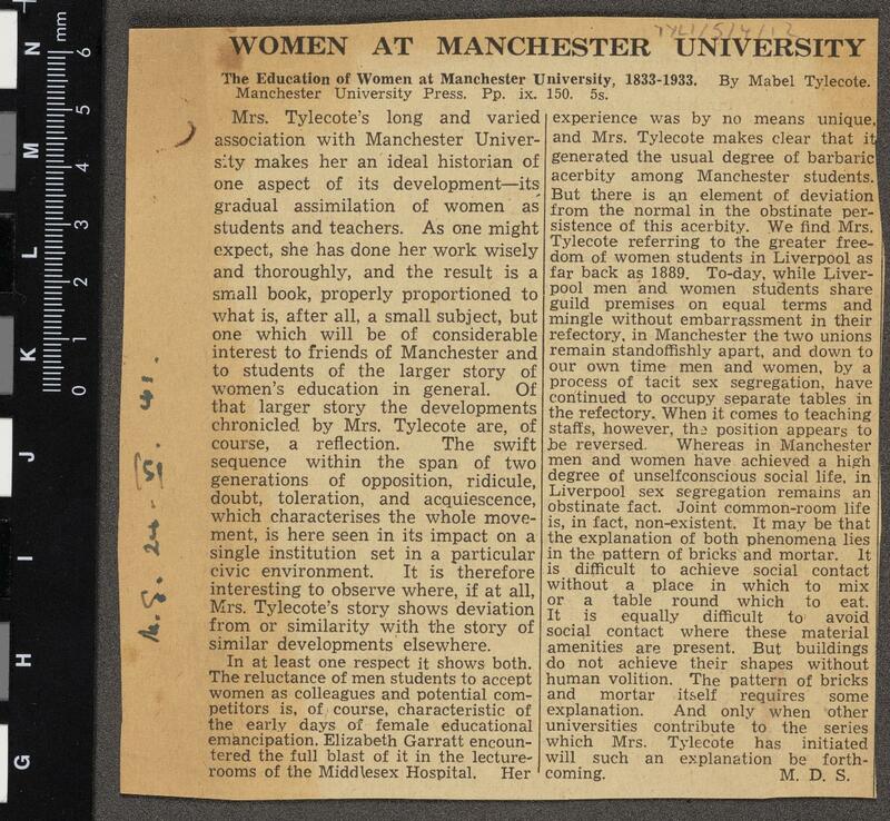 News cutting from Manchester Guardian featuring a review of Mabel Tylecote's book "The Education of Women at Manchester University.