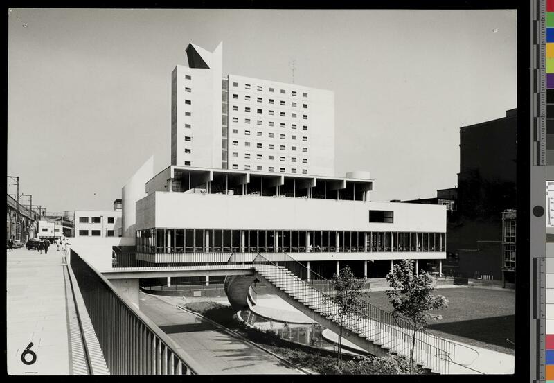 View of the Barnes Wallace building from an elevated area, with the Worthington staircase in the foreground.