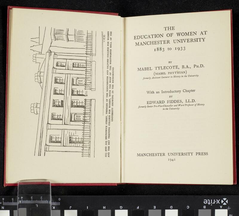 Opening showing title page and frontispiece. The frontispiece is a line drawing of 223 and 225 Brunswick Street, premises of the Manchester and Salford College for Women and the Day Training College for Women, with the roof of the Whitworth Hall of the University showing in the background.