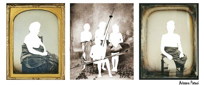 A triptych of photographs of indigenous people, erasing their bodies and faces, leaving only their outlines.