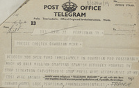 Post office telegram on the possibility of a new Manchester Guardian fund for Spanish refugees in southern France.